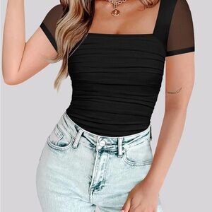 Elegant Black Mesh Rouched Bodysuit